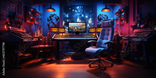 a modern music recording studio where you see the artist recording in a neon box.