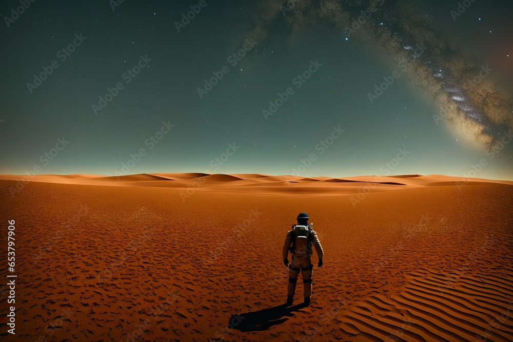 Spaceman walks on the red planet Mars. Space Mission. A man in a space suit walking across a desert, generative ai