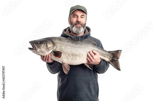Happy middle-aged fisherman with big fish, cut out