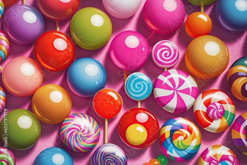 a painting of a variety of candies and lollipops on table, generative ai