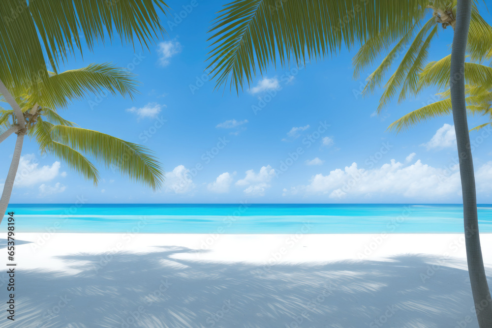 A white sand beach, turquoise sea and palm trees, generative ai