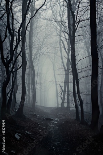 A haunted forest path framed with gnarled trees in the fog - e.g. for a book cover