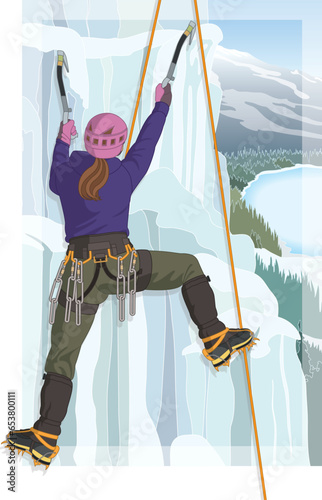 alpine climbing female climber scaling ice using ice axes and wearing crampons overlooking mountains and trees in the background