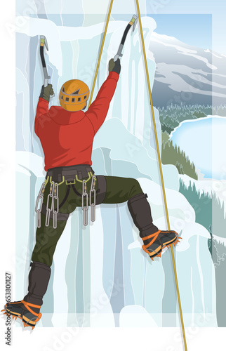 alpine climbing male climber scaling ice using ice axes and wearing crampons overlooking mountains and trees in the background