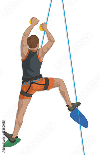 sport climbing male climber scaling indoor artificial rock wall isolated on a white background
