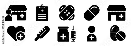 Vector pharmacy icons. Set of medicine flat icons isolated on white.