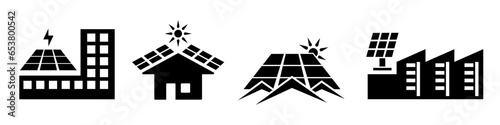 Solar panels on buildings and houses - vector icons set.