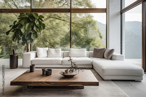 modern living room with brown leather sofa and black picture on the wall