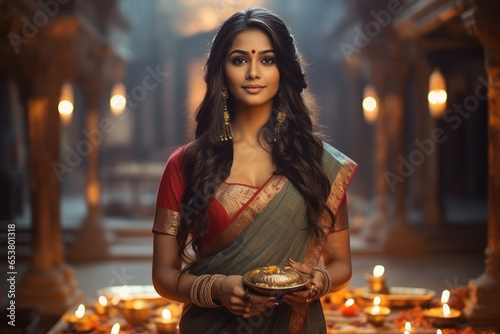 Beautiful Indian woman wearing saree on Diwali festival.