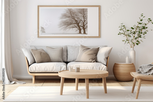 Interior of modern living room with white sofa, wooden coffee table and plant. 3d render © koala studio