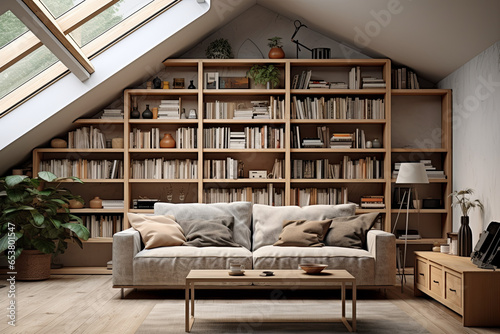 interior of attic living room with a sofa and bookshelf © koala studio