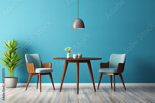 Modern interior with blue walls, wooden floor and white armchairs. 3d render