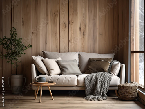 Interior of modern living room with wooden walls, wooden floor and comfortable sofa with pillows. 3d render