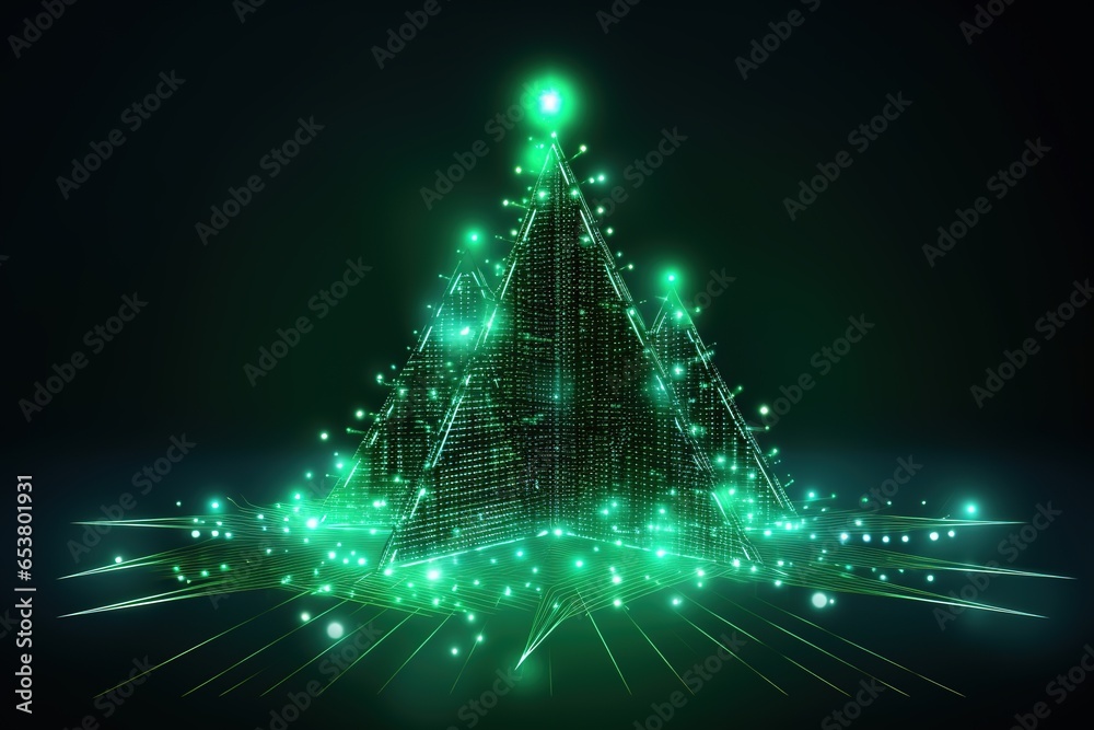futuristic glowing green christmas tree , digital electronic programming neon code with green lines and dots, science and technology, Glowing rays with flickering particles , New year banner .