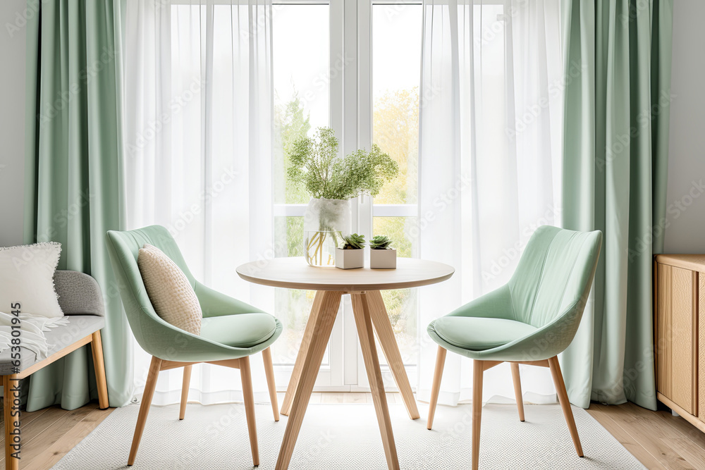 Interior of modern living room with green walls, wooden floor, round table and two green chairs. 3d render
