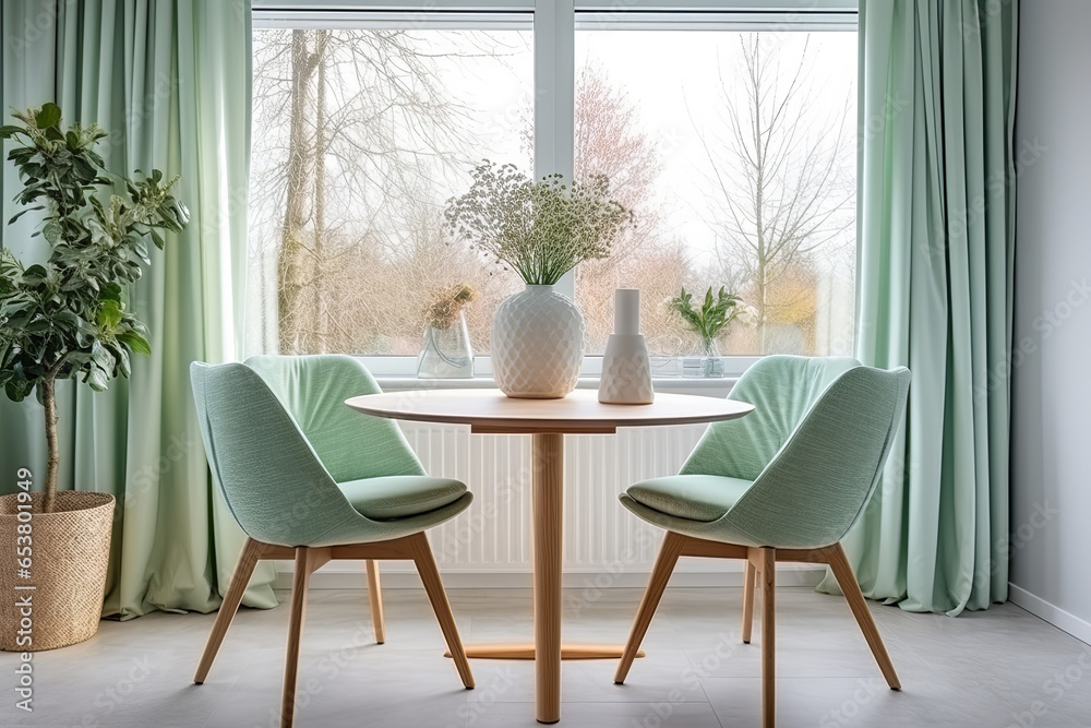 Fototapeta premium Interior of modern living room with green walls, wooden floor, round table and two green chairs. 3d render