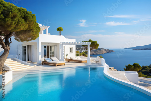 White villa with swimming pool on the background of a blue sky