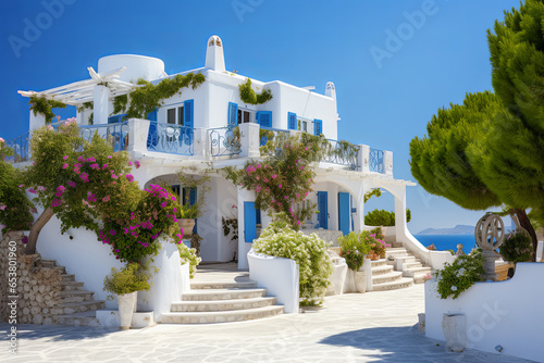 White architecture on Santorini island, Greece. 3D rendering