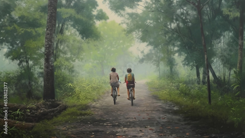 two women on bikes along a foggy path. © Krisana