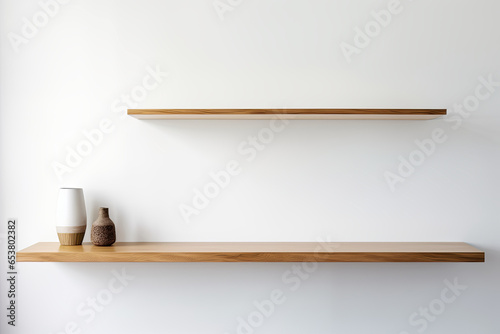 Wood shelf with vase and plant on white wall. Vector illustration.