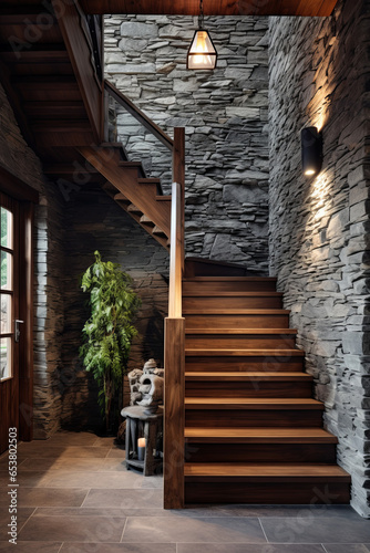 Interior of modern living room with wooden stairs and dark stone wall. 3d render