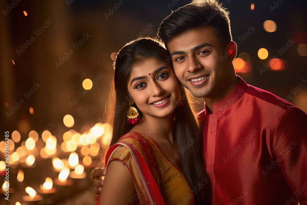 Young indian couple in traditional wear on diwali festival.