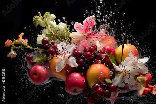 Fruits and flowers with water splash showcase on black background food floral photography