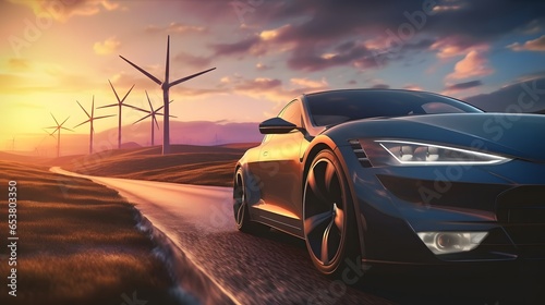 The image in front of the sports car scene behind as the sun going down with wind turbines in the back. © Lucky Ai