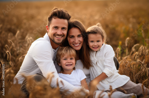 smiling happy family on a field