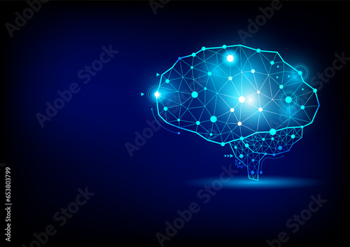 Abstract polygonal human brain. Low poly wire frame mesh vector illustration on blue background. Lines and dots. Polygonal art in the form of a starry sky or space. 