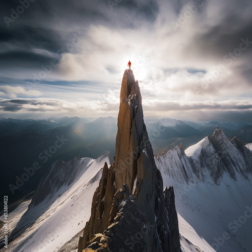 Adventurous Climber Summits Majestic Rock Spire, Overlooking Vast Mountains - Embracing Risk & Reward - Embodying Determination & Peril. Generative AI.