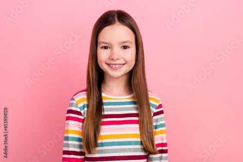 Photo small cute daughter girl cheerful optimistic wear striped t shirt waiting september back to school isolated on pink color background
