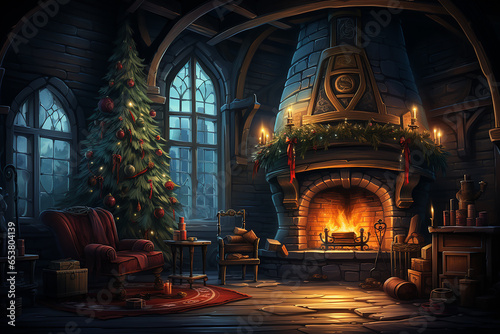 A Christmas scene with a fireplace and a Christmas tree