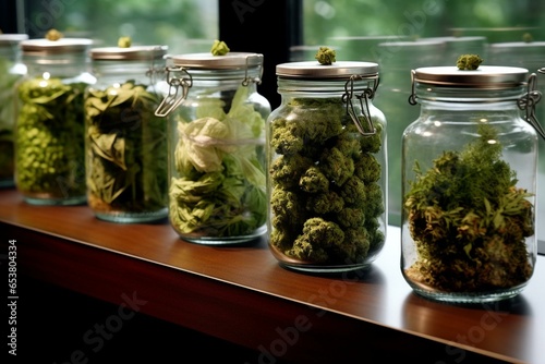 Jars filled with cannabis flowers for patients. Generative AI