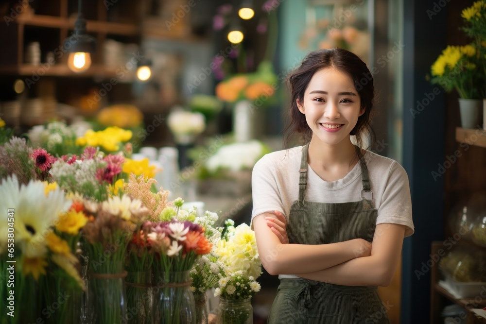 Asian Smiling happy face portrait at a flower shop owner