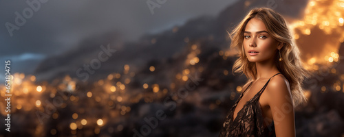 Fashion model portrait banner of a beautiful lady with mountain bokeh light background with copy space