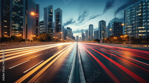 High speed urban traffic on a city highway during evening rush hour, car headlights and busy night transport captured by motion blur lighting effect and abstract long exposure photography