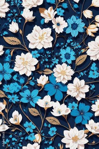 Seamless Patterns, Repeating Steps Pattern Design, Fabric Art, Flat Illustration, Digital Printing, Highly Detailed Cleaning, Photorealistic Masterpiece, Blue Flower, Watercolor, White Background.