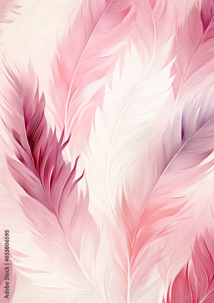Fototapeta premium Pink watercolor feather pattern illustration created with Generative Ai