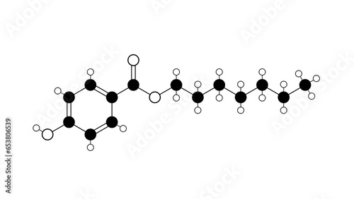 heptylparaben molecule, structural chemical formula, ball-and-stick model, isolated image food additive e209 photo