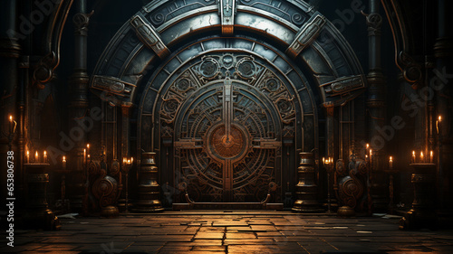 interior with a dark door in the background of the ancient temple. high quality illustration. high quality illustration
