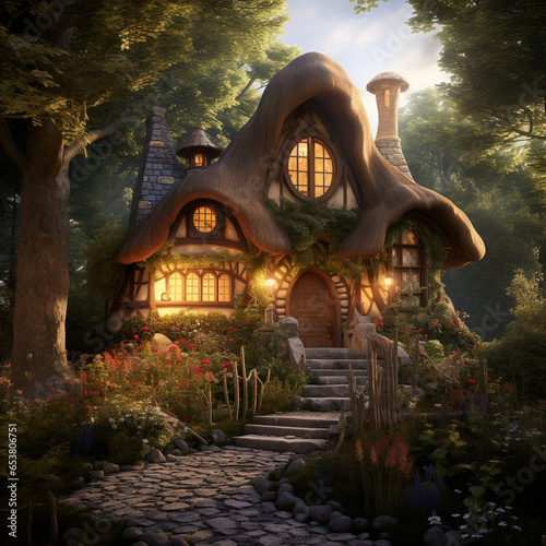 A small fairy tale cottage isolated deep in the woods. The façade design is strange and mysterious.
