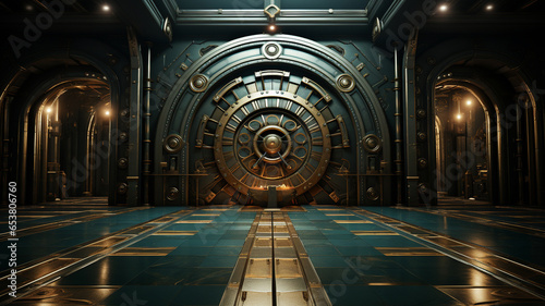 interior with a dark door in the background of the ancient temple. high quality illustration. high quality illustration