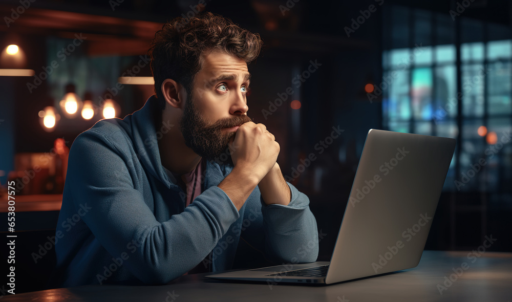 Pensive bearded business man sitting at table working at laptop thinking of problem solution while sitting at cafe. Thoughtful male employee pondering considering idea and making decisions.