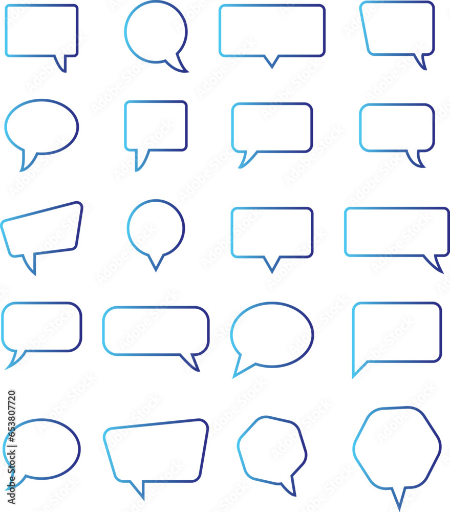 Speech bubbles thin line icons set. Speech, bubble, talk, chat, message, balloon and communication. Vector design. Speech bubbles thin line icons set. Speech, bubble, talk, chat, message, balloon and communication. Vector design.