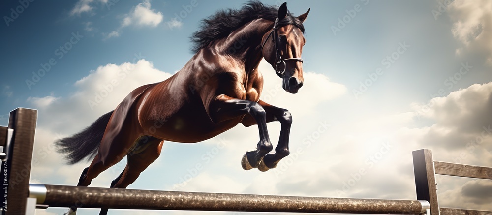 Obraz na płótnie Equestrian maneuver horse clearing obstacles w salonie