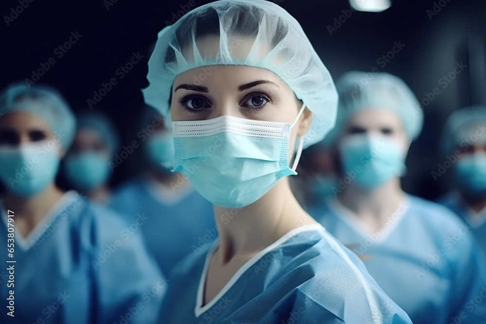 Closeup portrait of young female EMS key worker doctor in front of healthcare colleagues, wearing protective PPE face mask and looking at camera in hospital. Closeup portrait of young female EMS key worker doctor in front of healthcare colleagues, wearing protective PPE face mask and looking at camera in hospital.