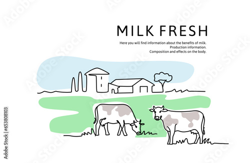 Village cows sketch line. Rural landscape countryside.