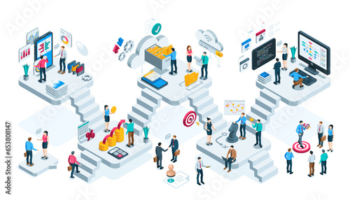 isometric virtual office with business people working in a team, in color on a white background, business platform or well-coordinated team of professionals