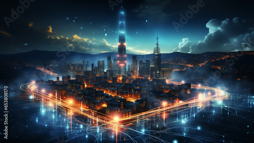  illustration of city with abstract hologram of fi network with big data and digital world connection concept